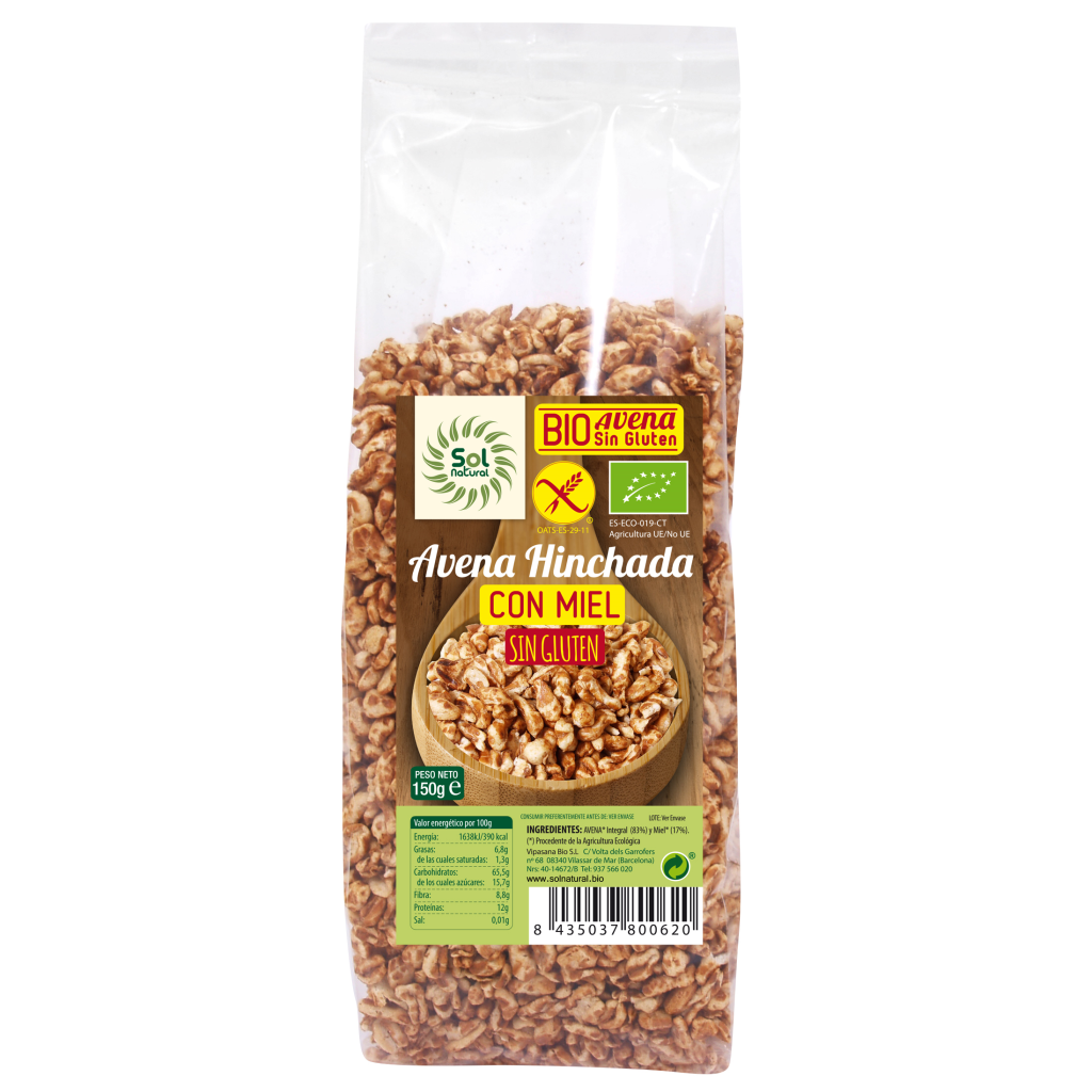 Avena sin gluten hinchada con miel bio Sol Natural